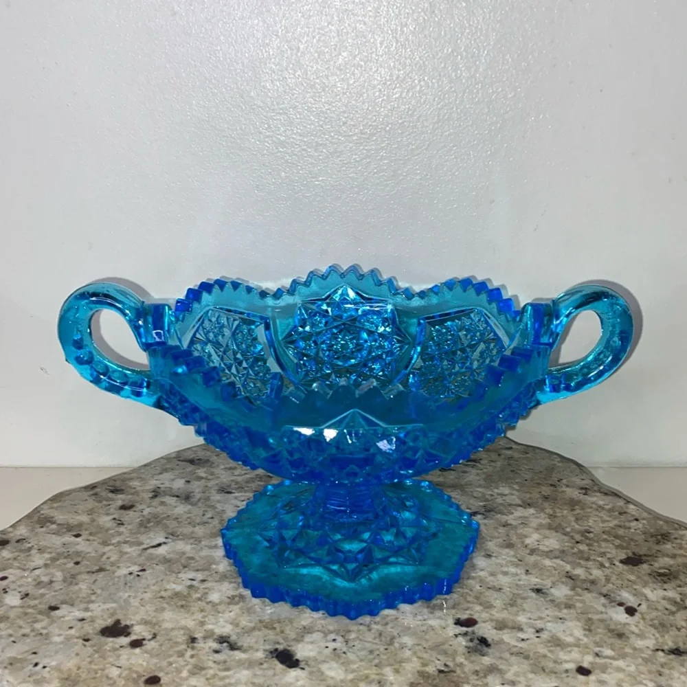 Vintage 1970s Kemple Wheaton Blue Glass Star Sawtooth Edge Handled Pedestal Bowl